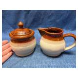 Brown & Beige Ceramic Creamer w/ Lidded Sugar