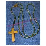Gold-Tone Cross Necklace w/Green Beads
