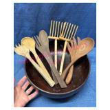Wooden Bowl w/ Wood Salad Utensils