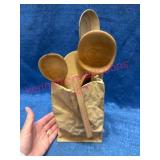 Pottery Brown Sack Vase w/ Wood Utensils