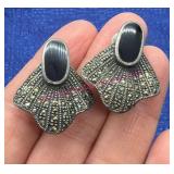 Sterling Silver Black Onyx Clip Earrings, 13.9g