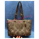 Coach Brown Signature Tote Bag w/ Stud Accents