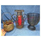 Three Metal Decorative Baskets & Candle Holder