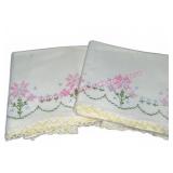Pair Embroidered Pillowcases w/Floral Design