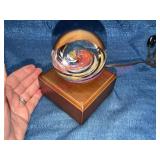 Signed Glass Art Sphere w/Wooden Lighted Base