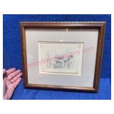 Old European Drawing w/ House & Figures, Framed