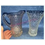 Pressed Glass Pitcher w/Chips & Vase