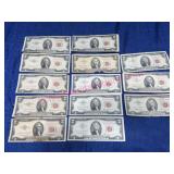 (13) 1953 & 1963 Circulated $2 Red Seal Bills