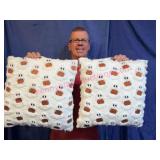 2 White Pillows w/Embroidered Ghosts & Pumpkins