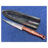 Damascus Steel Knife w/Wood Handle & Sheath
