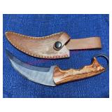 Damascus Hunting Knife w/Wooden Handle & Leather