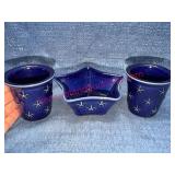 Blue Longaberger Pottery Star Bowl & 2 Crocks