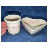 Longaberger Pottery Green Heart Shape Bowl & Crock