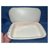 Longaberger Green Pottery Baking Pan w/Plastic Lid