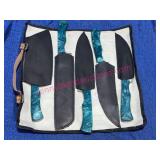 Damascus Chef Knife Roll w/ 5 Knives, Blue Handles