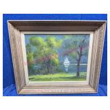 1967 Elsie Gines Oil on Canvas Boat Lake Scene