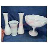 4 White Milk Glass Vases & Compote Bowl