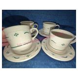 4 Longaberger Pottery Green Cups & Saucers