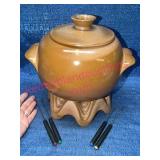 Frankoma Brown Fondue Pot w/ Stand & Forks