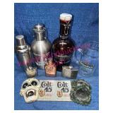 Barware Lot: Flasks, Growlers, Stein & Decor