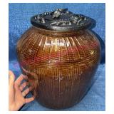 Brown Stoneware Jar w/Cast Iron Insect Lid