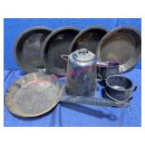Vintage Enamelware Camping Set, Black & Blue
