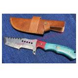 Damascus Tanto Knife w/ Multicolor Wood Handle