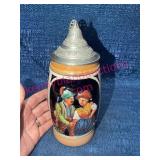 German Beer Stein w/Pewter Lid & Colorful Scene
