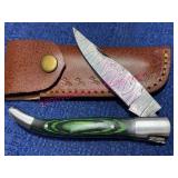 Damascus Blade Folding Knife w/Sheath Green Handle