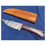 Damascus Knife w/ Layered Handle & Leather Sheath