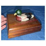 Wooden Box w/Duck Figure & Playing Cards