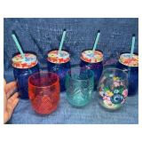 4 Pioneer Woman Blue Glass Jars & 3 Plastic Cups
