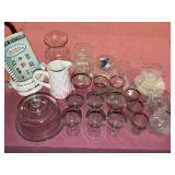 Glassware Lot w/Silver Rim & Misc Ceramics