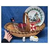 Woven Basket w/Kitchen Items & Cat Decor