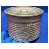 1800s Stoneware Crock w/Lid, Floral Relief Design