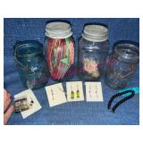 4 Mason Jars w/Earrings, Beads, Shells & Notions