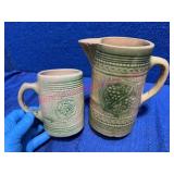 1800s Yellowware Pitcher & Mug, Green Glaze Relief