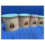 1940s Tin Canisters w/Lids & Victorian Figures (4)