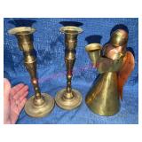 Brass Candlesticks & Mixed Metal Angel Figurine