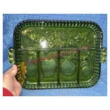 Green Divided Glass Tray w/Fruit Motif & Handles