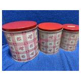 1940s Floral Plaid Tin Canisters w/ Red Lids (3)