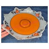 Art Deco Molded Glass Console Bowl Orange & Floral