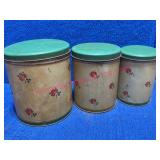 1940s Tin Kitchen Canisters w/ Floral Motif, 3 Pc