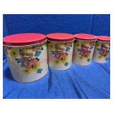 Floral Tin Canisters w/ Red Lids, Nesting, 4pc