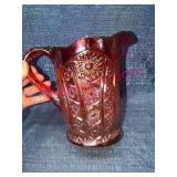 Red Pressed Glass Pitcher w/Patterned Design