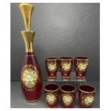 Ruby Red Glass Decanter with 6 Cordial Glasses