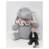 Hand Crocheted Elephant And Antique Doll