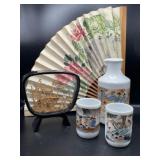 Sake Set, Cork Sculpture and Decorative Hand Fan