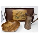 Handcrafted Wooden Bowl ,Tray and Metal Pitcher