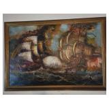 Framed Oil Ship Painting Vanilli Artist